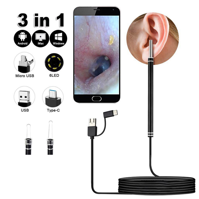 3 In 1 USB Endoscope Visual Ears Cleaning kit with Camera & LED Light